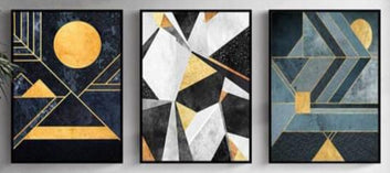 Modern Aesthetic Wall Art Set β 3 Wooden Frames (8x11β) with Geometric Gold & Black Designs | Easy Wall Mounting with Double Tape
