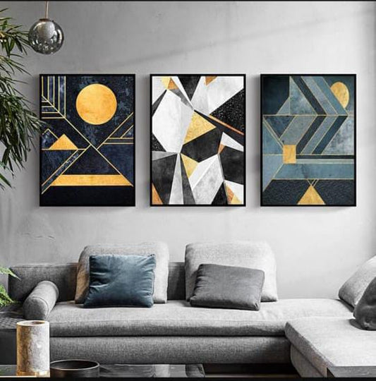 Modern Aesthetic Wall Art Set – 3 Wooden Frames (8x11”) with Geometric Gold & Black Designs | Easy Wall Mounting with Double Tape